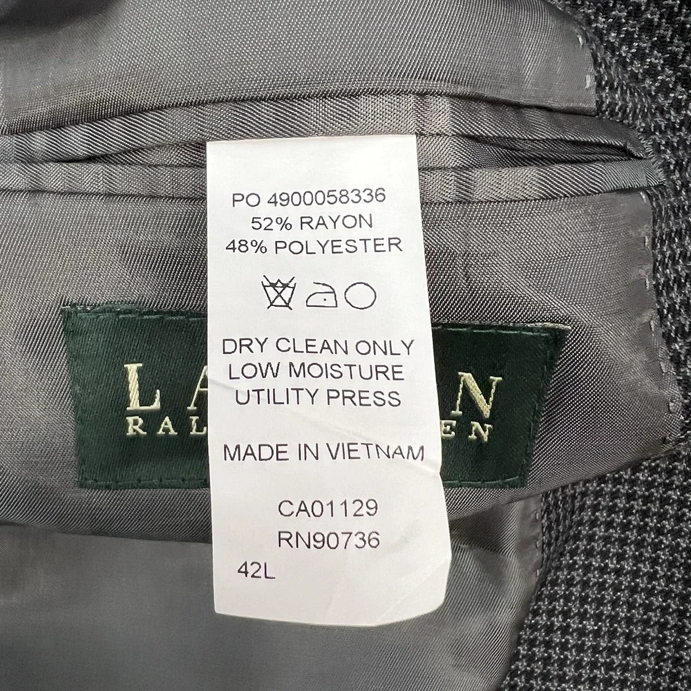 Lauren Ralph Lauren Blazer Mens 42L Long Polyester‎ Rayon Gray/Black Houndstooth